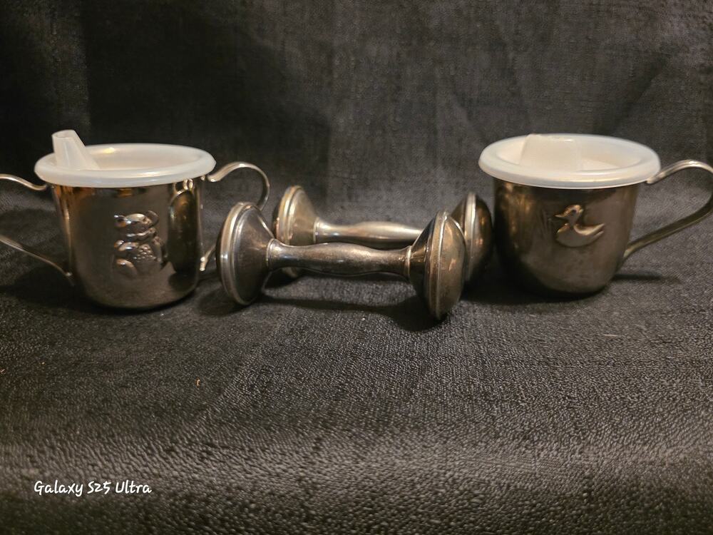 Vintage Selandia Hungry Bear Duck Sippy Cups + 2 Silverplate Baby Rattles